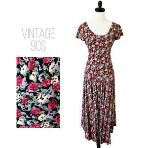 vintage 90s bias cut floral dress crinkle rayon size S/XS
